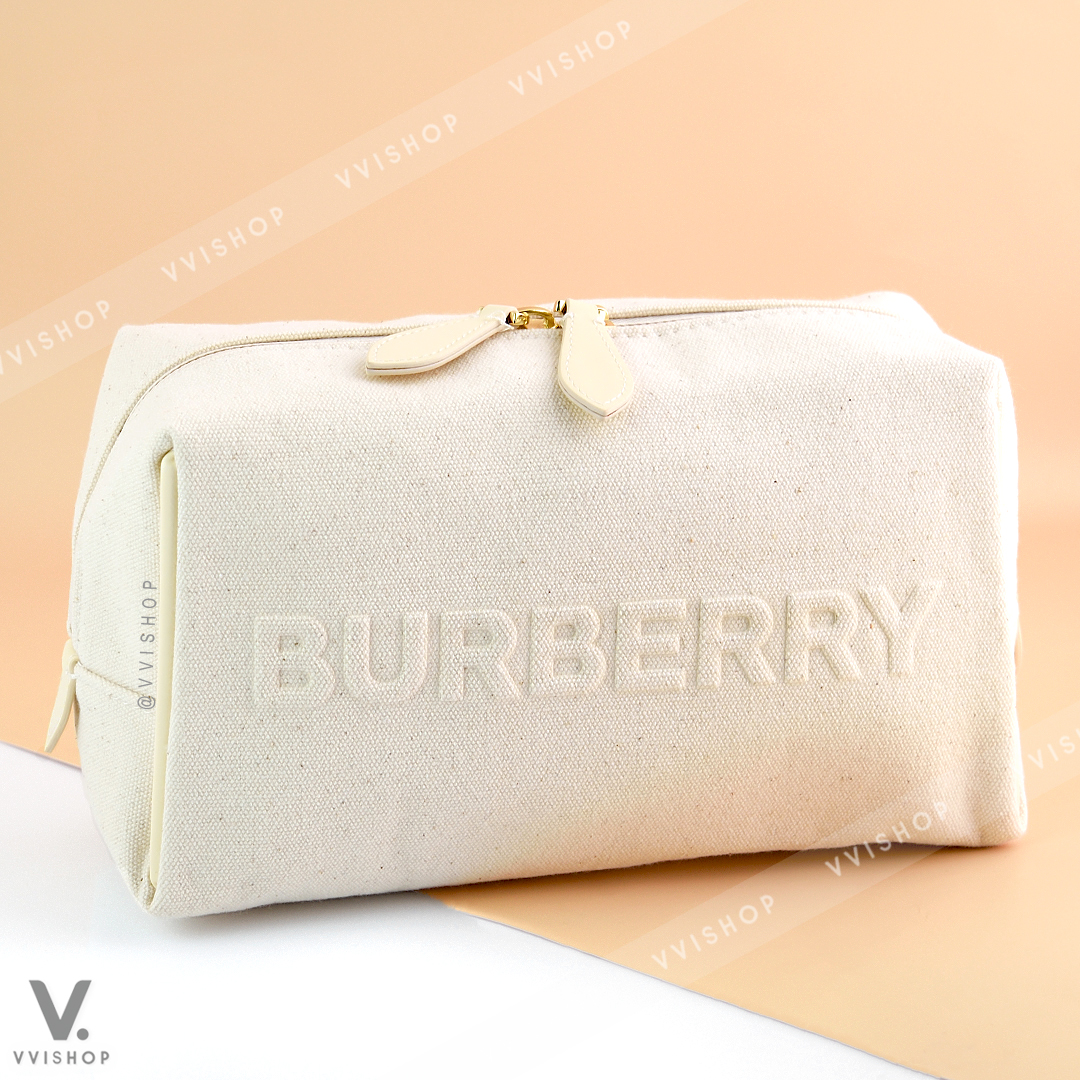 Burberry Cream Canvas Embossed Logo Makeup Pouch